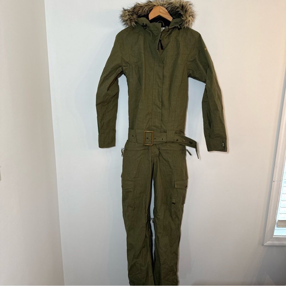 Roxy Snow Jumpsuit Snow Suit Olive Green Women’s XS Fur Lined Collar Y2K